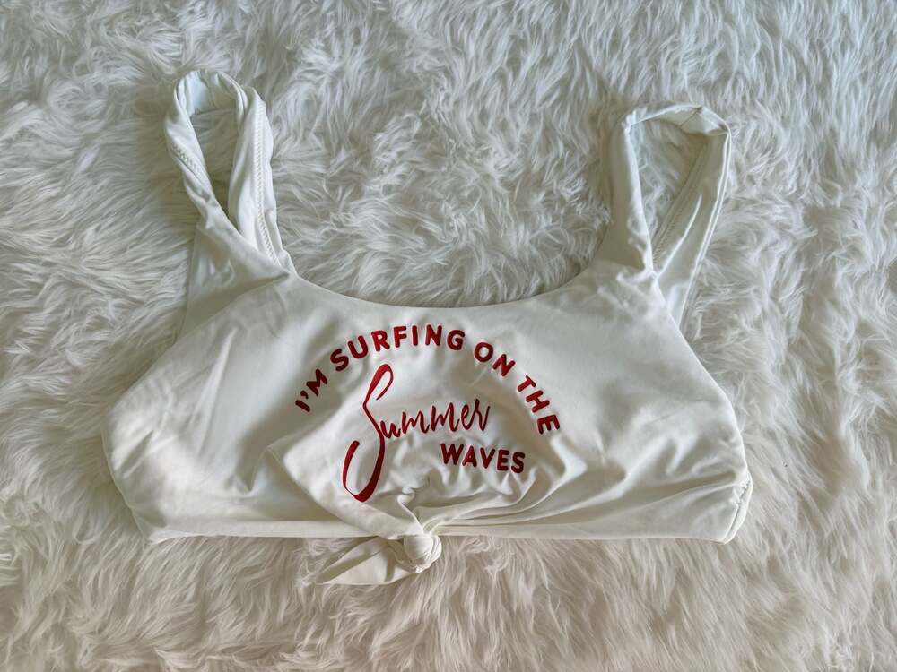 Banana Moon I'm Surfing on the Summer Waves Graphic Tie Front Bikini Top L